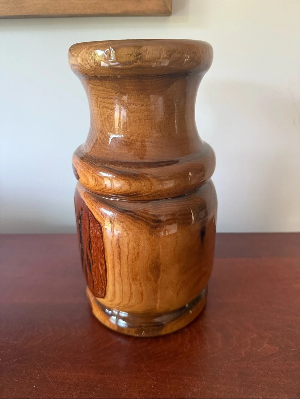 Vintage hand turned knotty wood vase with resin